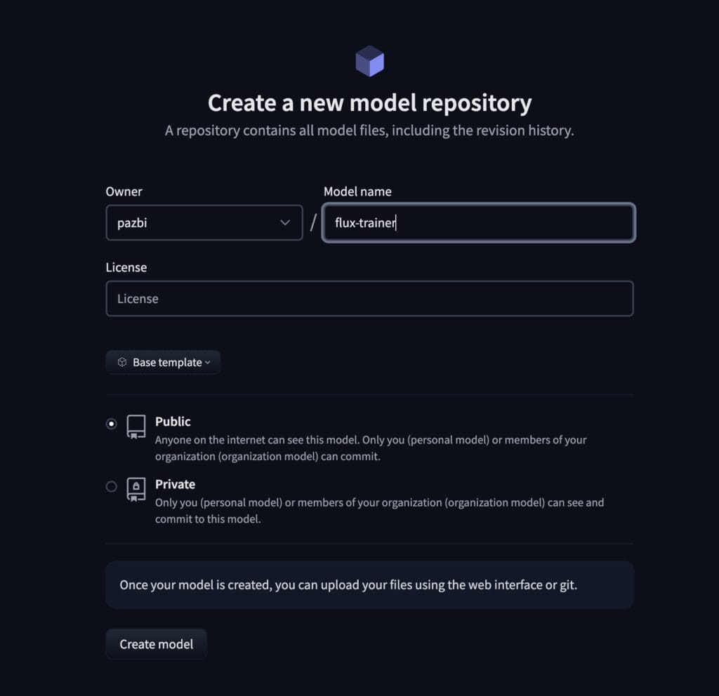 Hugging Face "Create a new model" form, naming the model and setting it to public or private