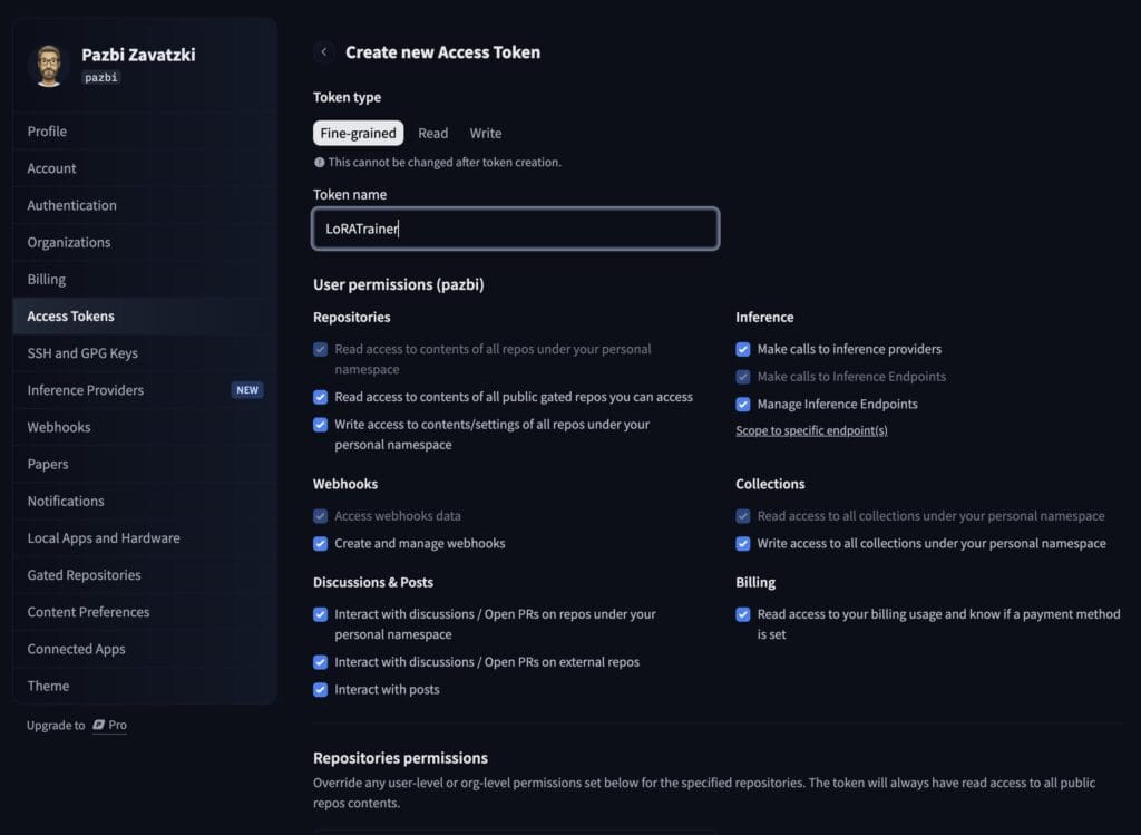 Hugging Face Access Tokens settings, creating a new API token with write access