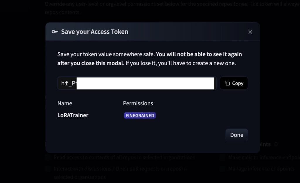 Hugging Face displaying the newly generated access token, shown only once before it is hidden