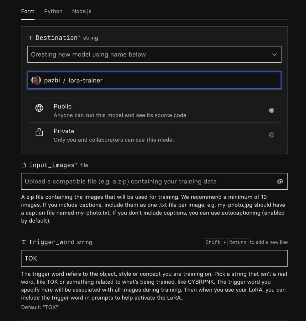 Replicate flux-dev-lora-trainer form, setting the destination model, input images zip and trigger word