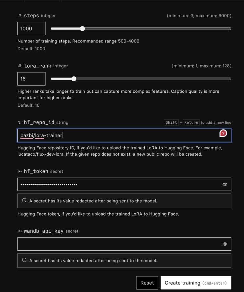Replicate training settings showing training steps, LoRA rank and the Hugging Face API key and output model fields