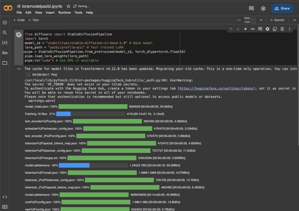 Google Colab notebook with Python code loading the Stable Diffusion XL base model and attaching the trained LoRA weights